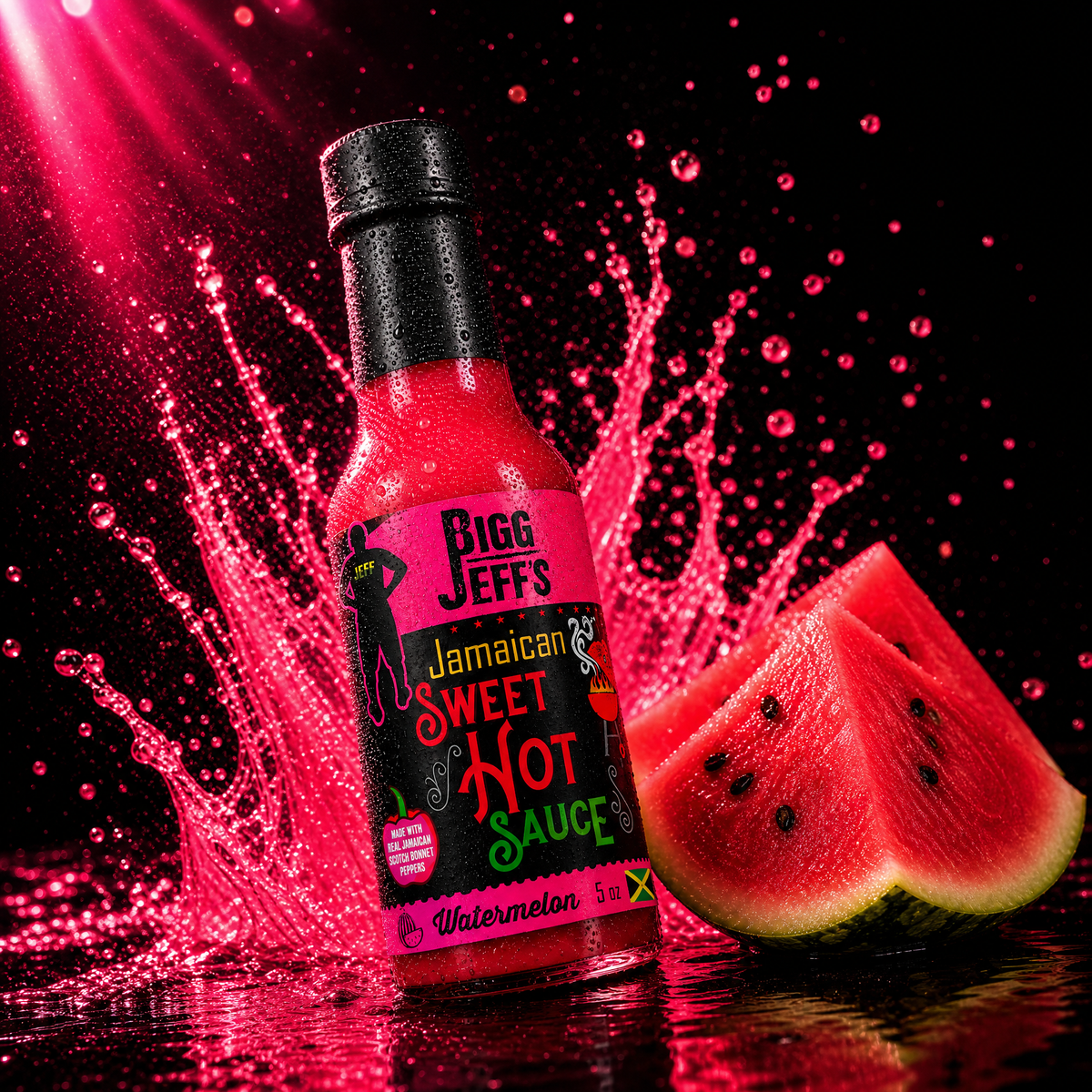 A bottle of Big Jeff's Jamaican Sweet Hot Sauce in Watermelon flavor, styled with fresh watermelon slices and a dramatic pink splash on a black background.
